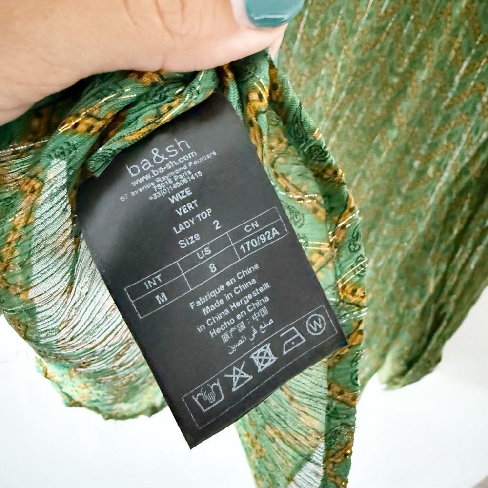 Ba&sh Wize Green Printed Sheer Long Sleeve Blouse Top Size 2 - Picture 7 of 8